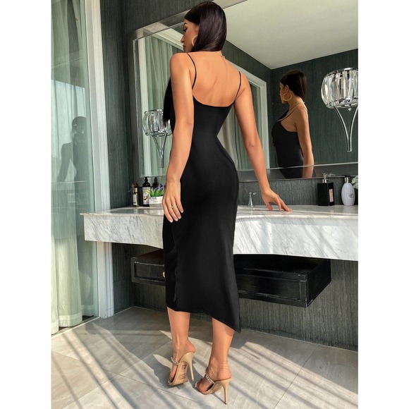 Cami straight neck Ruched Bodycon midi Dress black - Picture 2 of 11